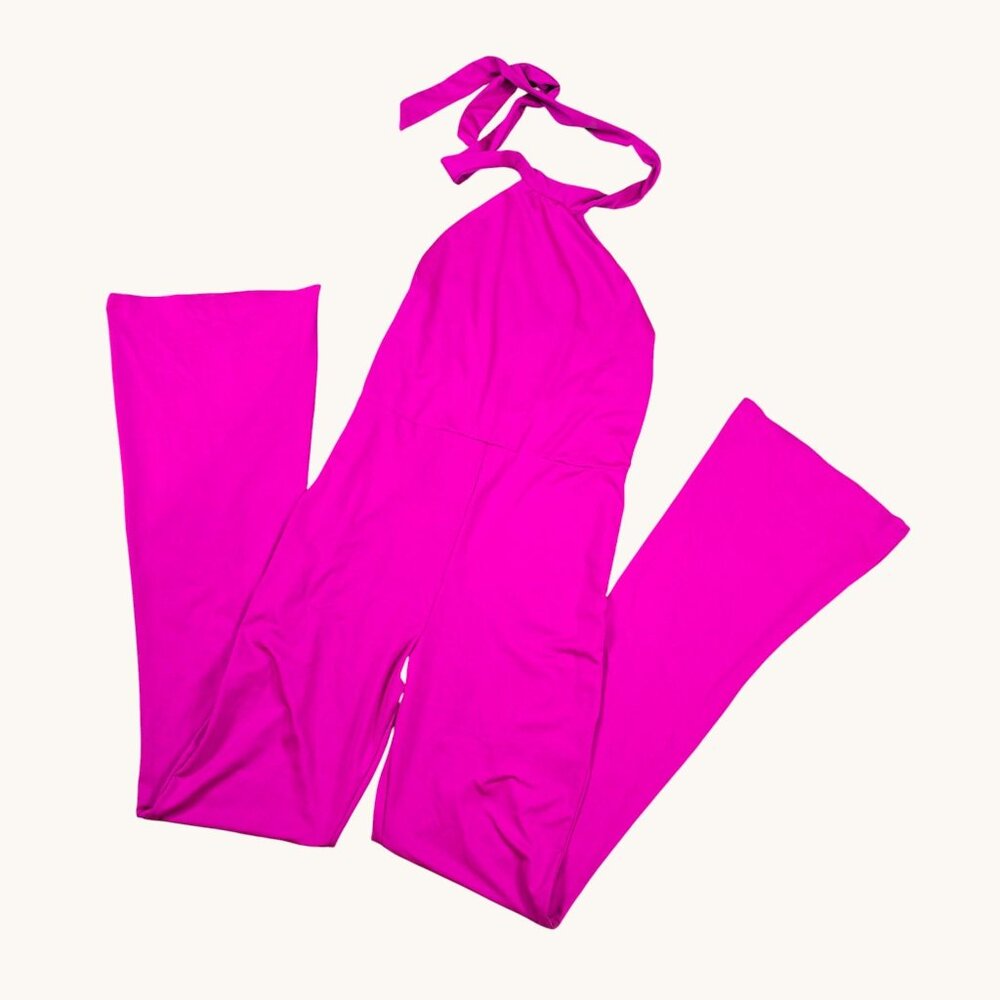 Fashion Nova Pink Halter Jumpsuit Flared Leg Medium - Picture 2 of 9